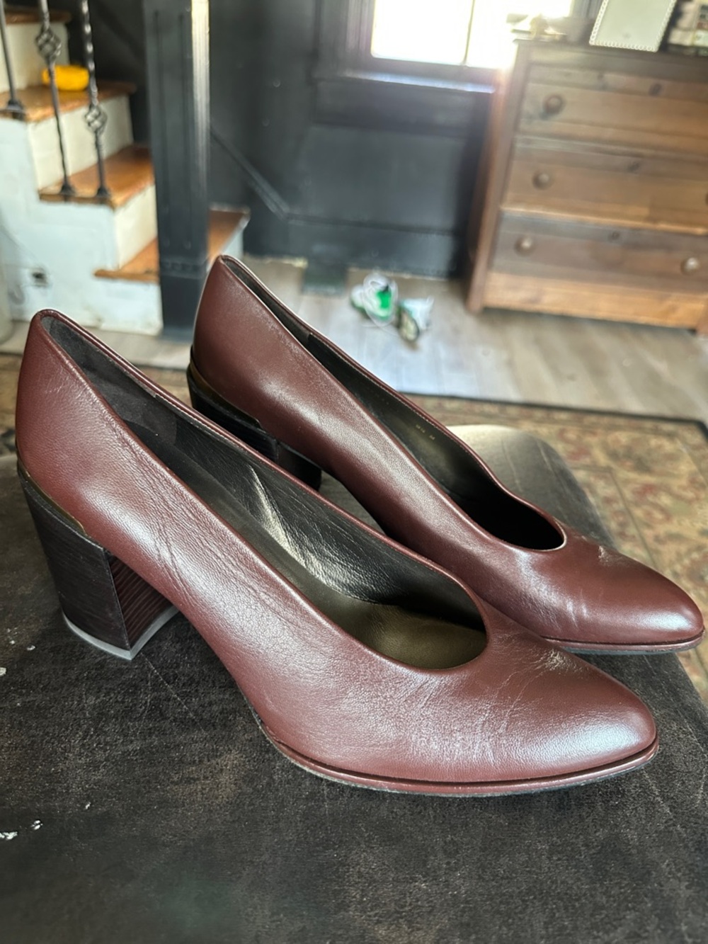 Stuart Weitzman Dark Brown Leather Block Heel Pumps with Gold Accent - Picture 3 of 11
